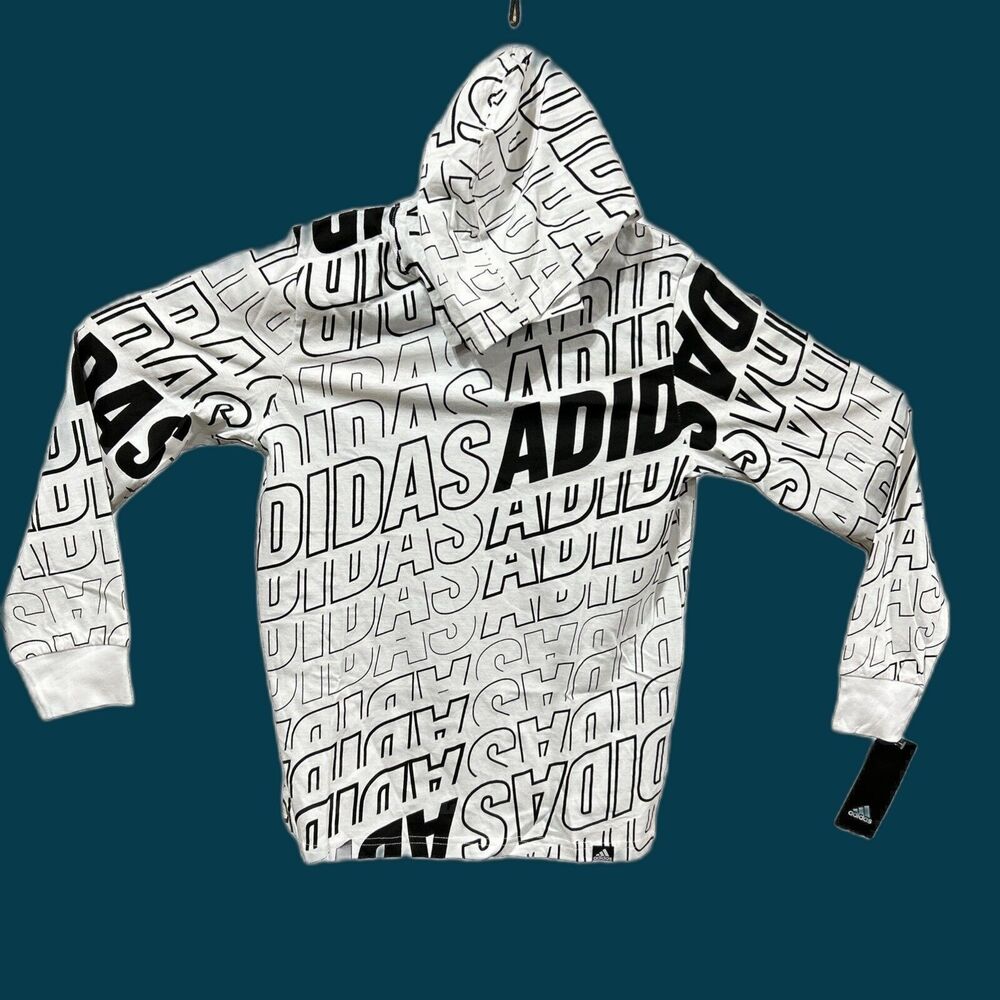 Adidas Boys All Over Print Long Sleeve Adi Warp Hooded Tee Shirt Lightweight NEW